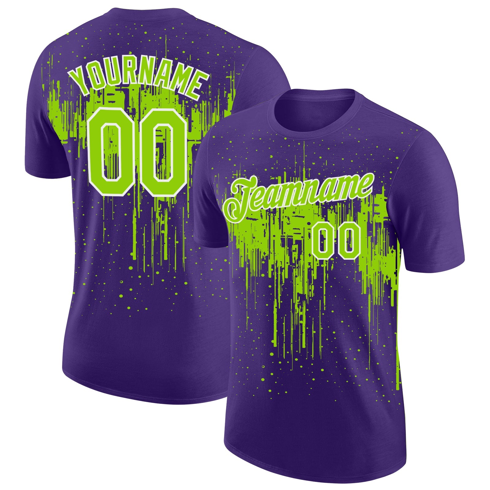 Custom Purple Neon Green-White Dripping Splatter Paint Performance T-Shirt - Main View