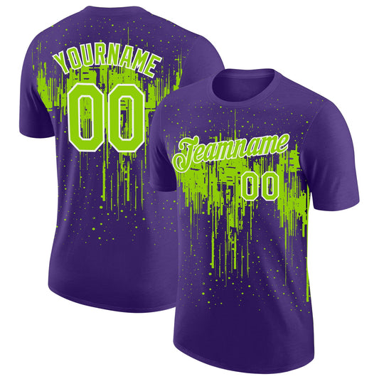 Custom Purple Neon Green-White Dripping Splatter Paint Performance T-Shirt - Main View