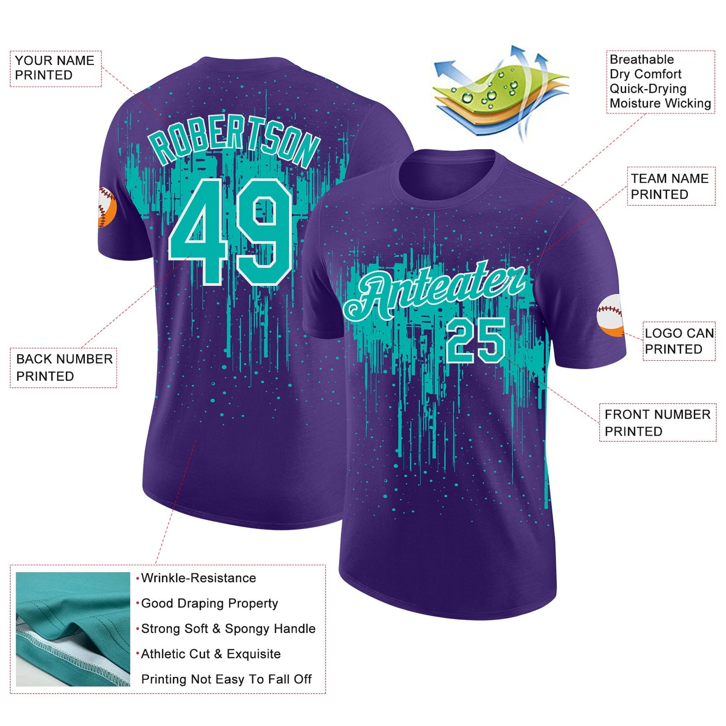Custom Purple Aqua-White Dripping Splatter Paint Performance T-Shirt view 2
