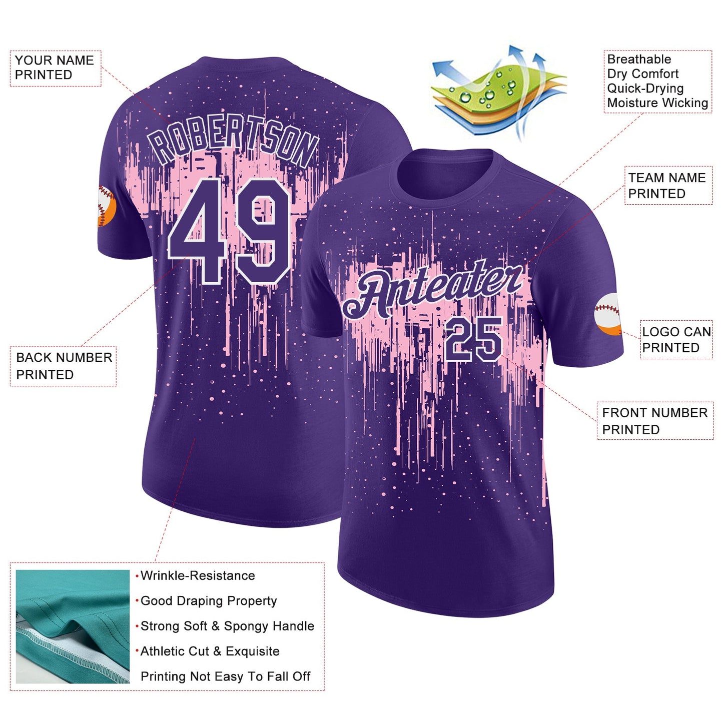 Custom Purple Light Pink-White Dripping Splatter Paint Performance T-Shirt view 2