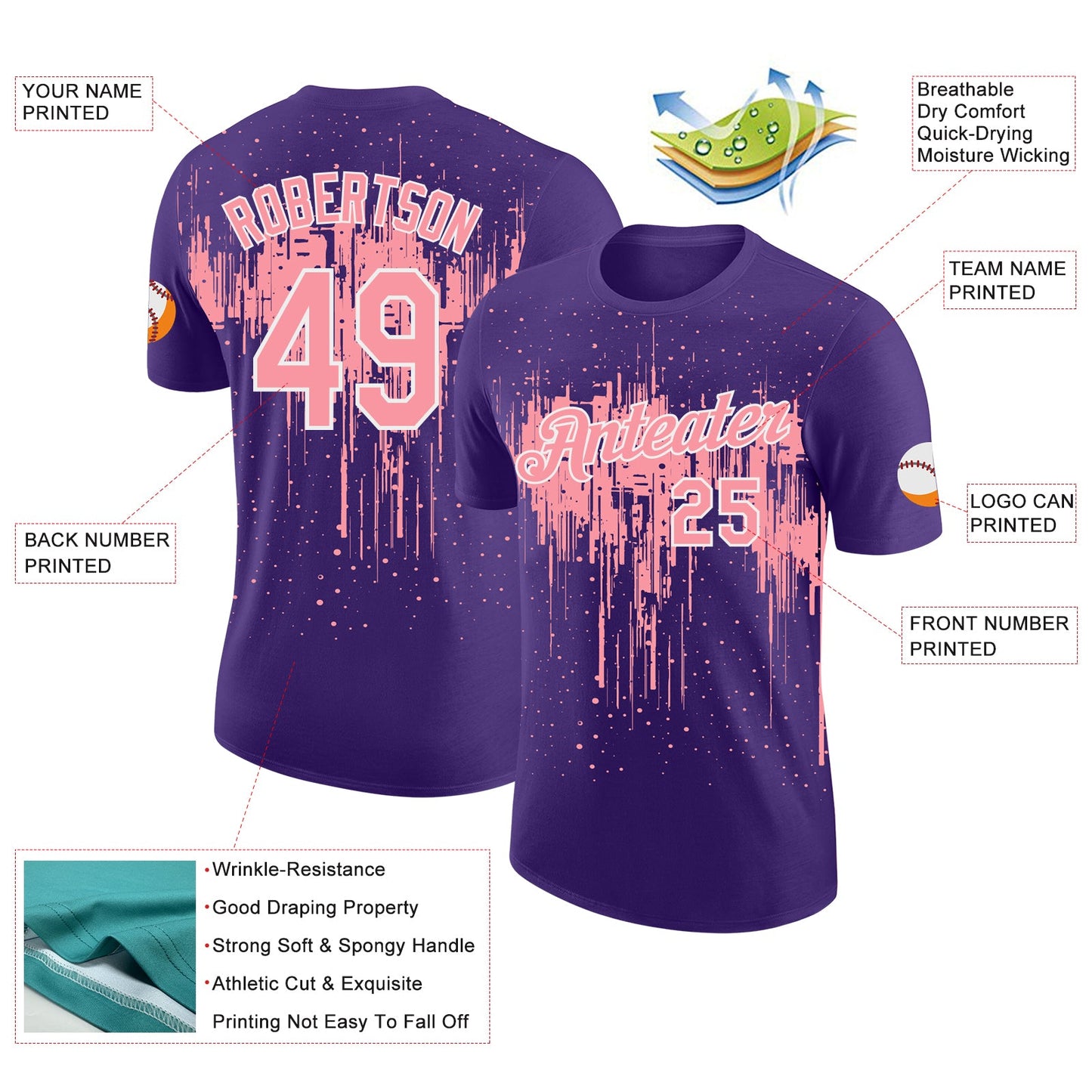 Custom Purple Medium Pink-White Dripping Splatter Paint Performance T-Shirt view 2