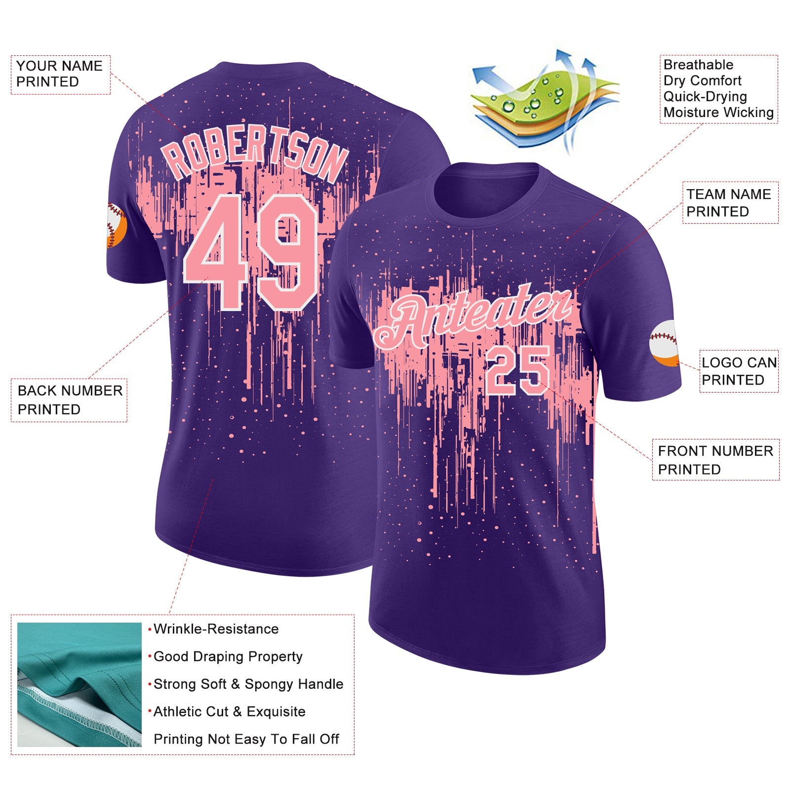 Custom Purple Medium Pink-White Dripping Splatter Paint Performance T-Shirt view 2