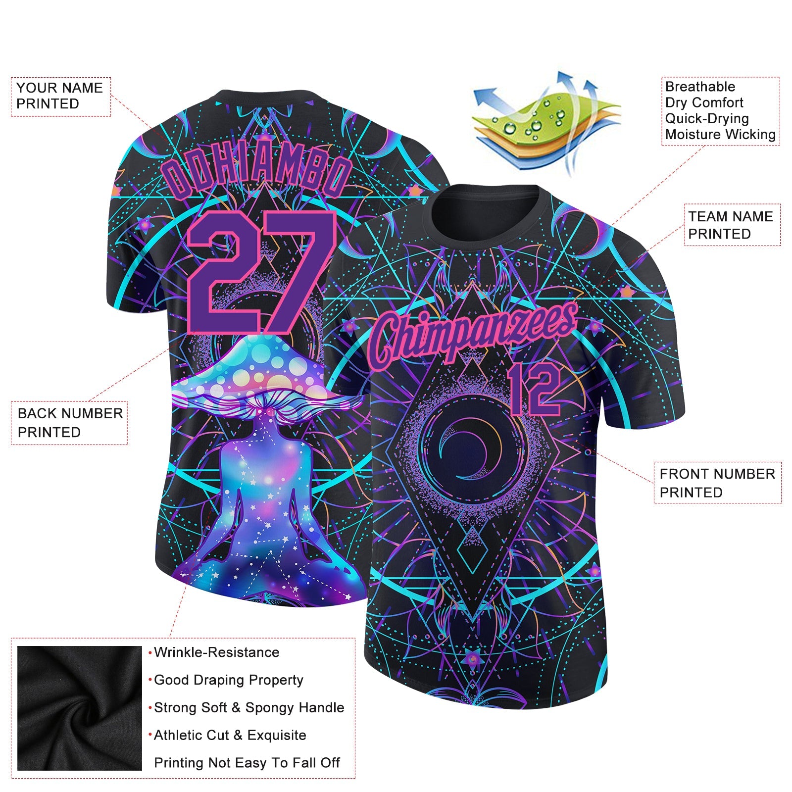Custom Black Purple-Pink 3D Pattern Design Magic Mushrooms Over Sacred Geometry Psychedelic Hallucination Performance T-Shirt view 2