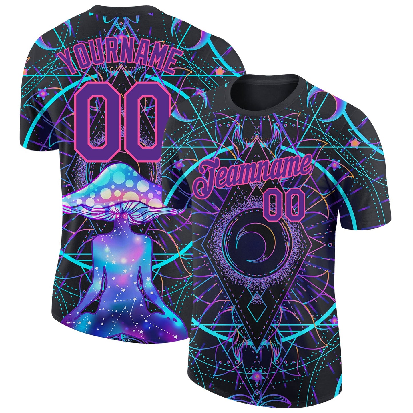 Custom Black Purple-Pink 3D Pattern Design Magic Mushrooms Over Sacred Geometry Psychedelic Hallucination Performance T-Shirt - Main View