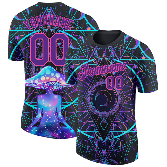 Custom Black Purple-Pink 3D Pattern Design Magic Mushrooms Over Sacred Geometry Psychedelic Hallucination Performance T-Shirt - Main View