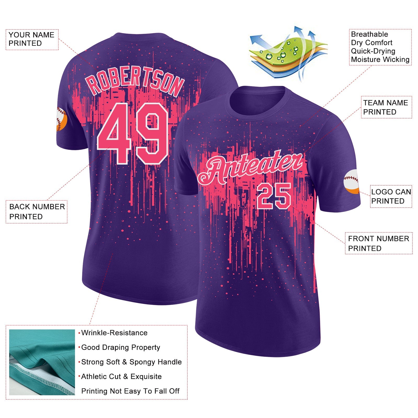 Custom Purple Neon Pink-White Dripping Splatter Paint Performance T-Shirt view 2