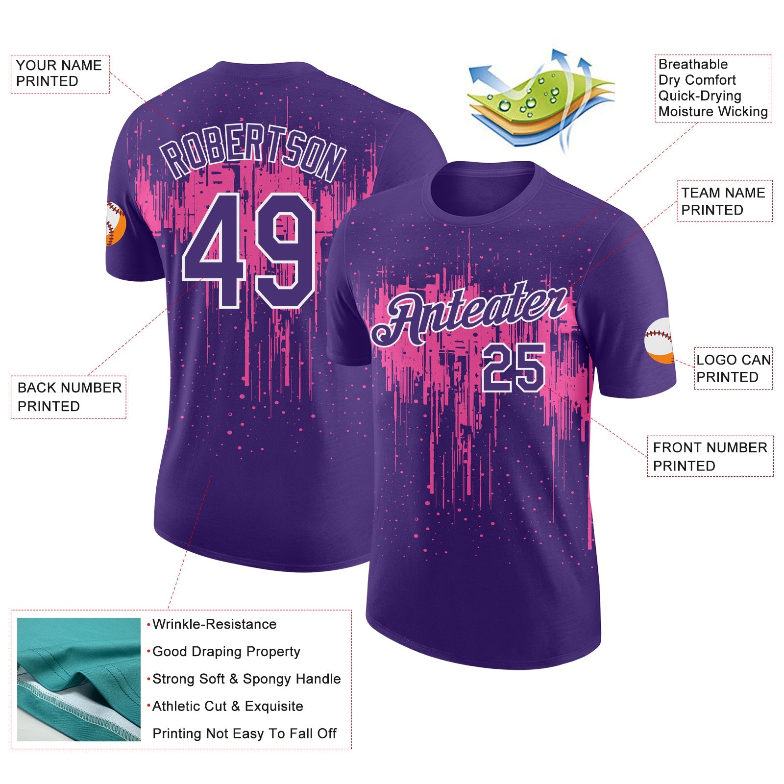 Custom Purple Pink-White Dripping Splatter Paint Performance T-Shirt view 2