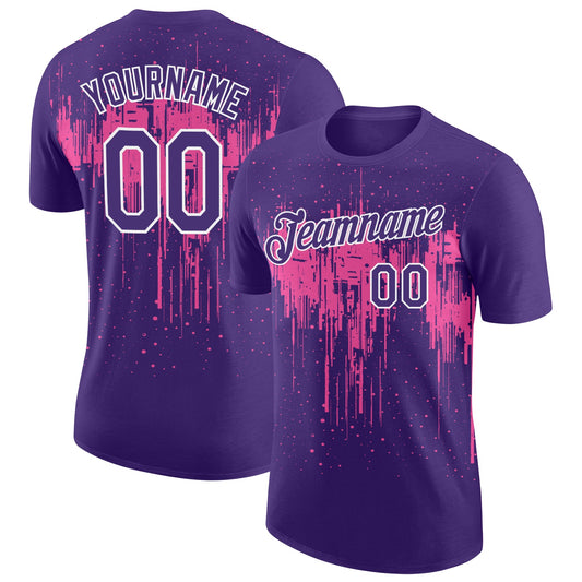 Custom Purple Pink-White Dripping Splatter Paint Performance T-Shirt - Main View