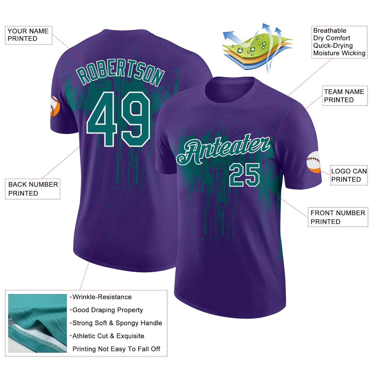 Custom Purple Teal-White Dripping Splatter Paint Performance T-Shirt view 2