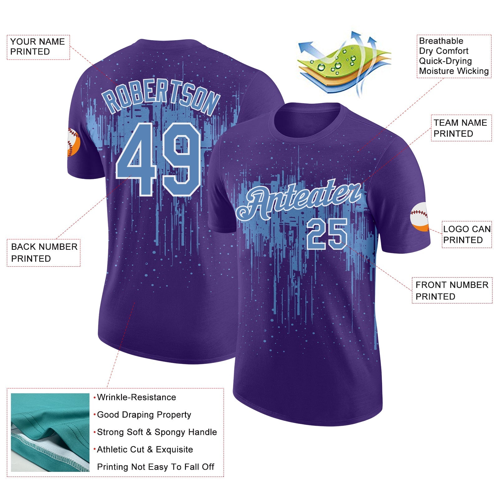 Custom Purple Light Blue-White Dripping Splatter Paint Performance T-Shirt view 2