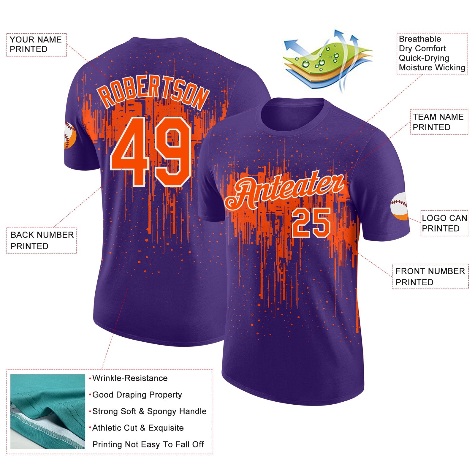 Custom Purple Orange-White Dripping Splatter Paint Performance T-Shirt view 2