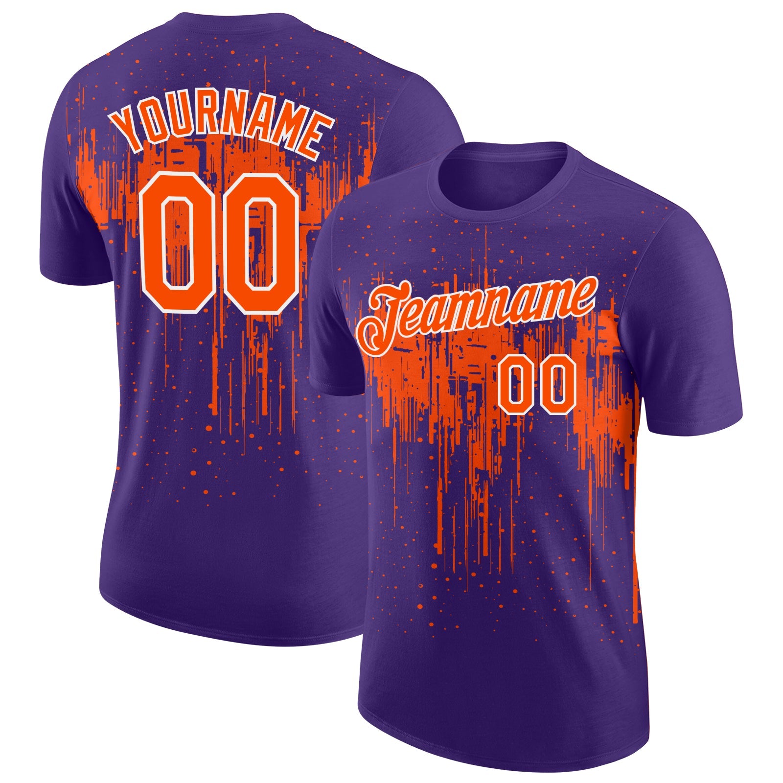 Custom Purple Orange-White Dripping Splatter Paint Performance T-Shirt - Main View