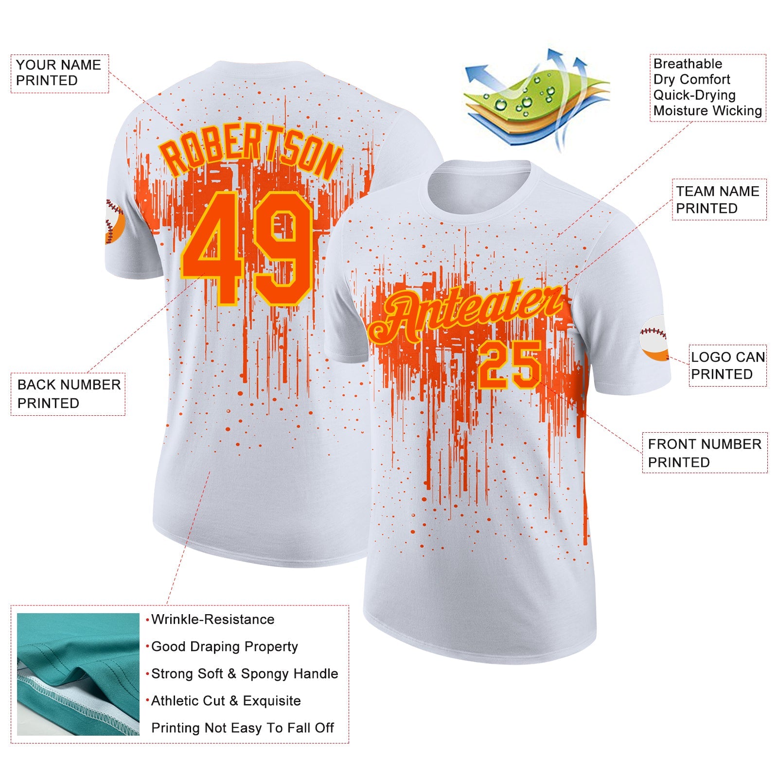 Custom White Orange-Yellow Dripping Splatter Paint Performance T-Shirt view 2