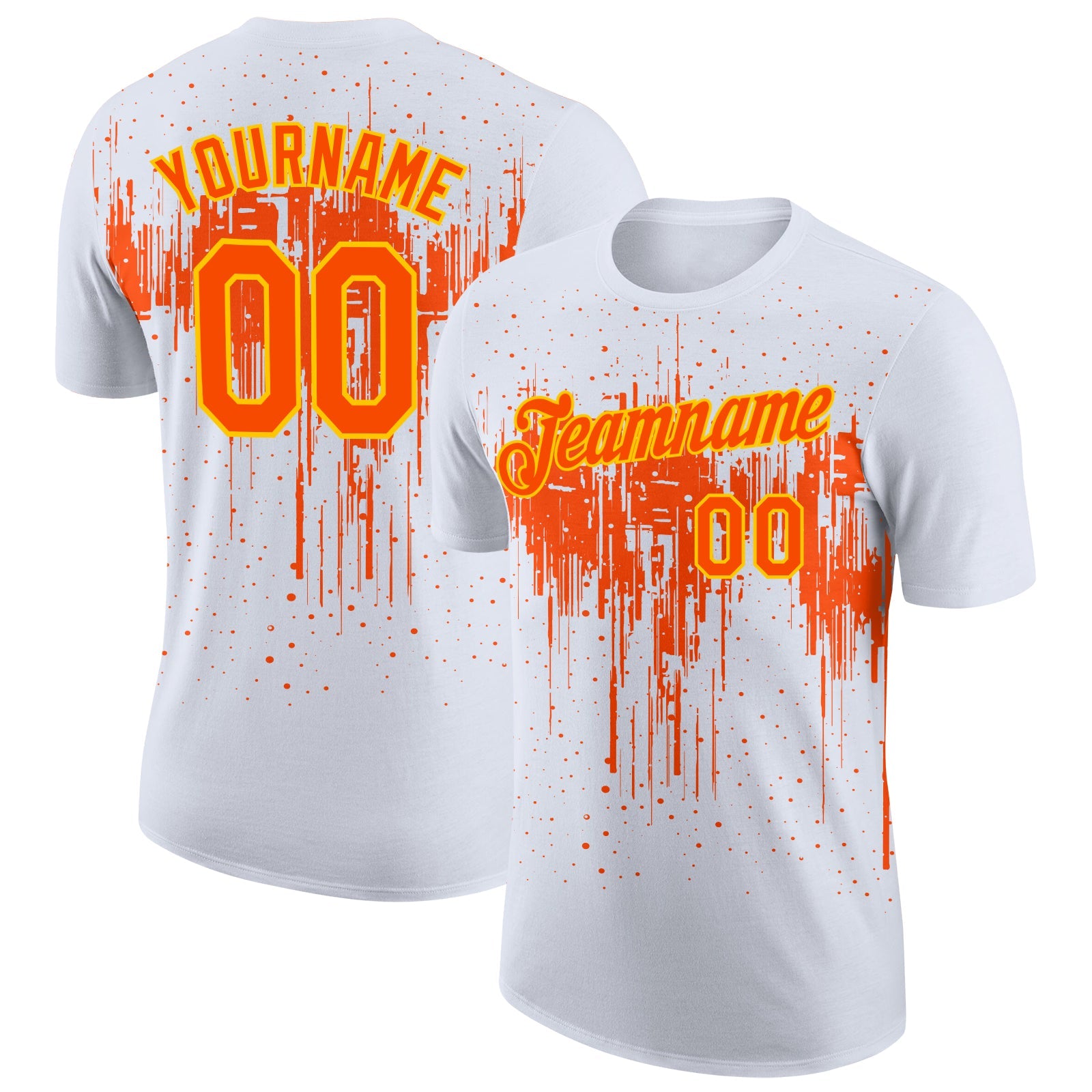 Custom White Orange-Yellow Dripping Splatter Paint Performance T-Shirt - Main View