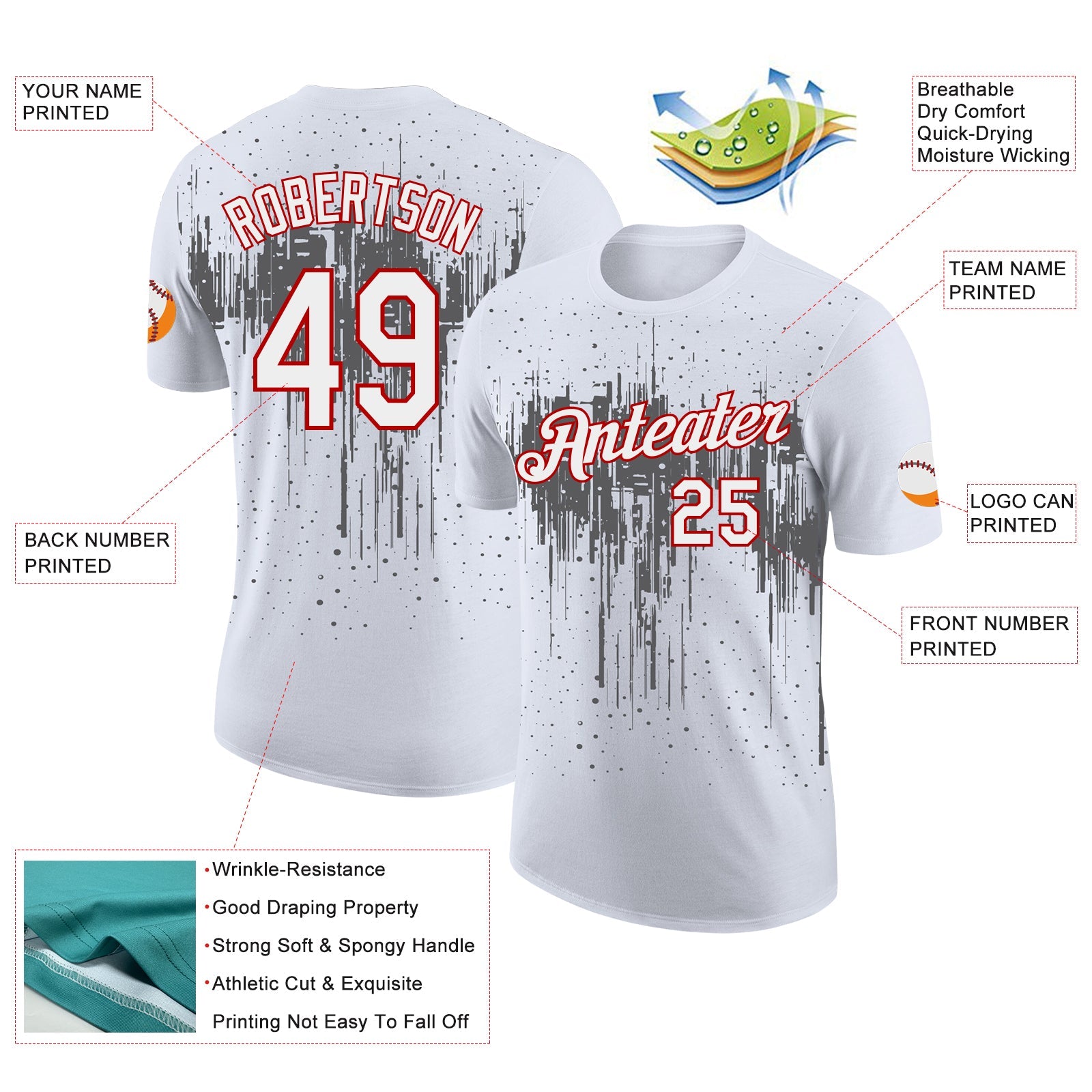Custom White Steel Gray-Red Dripping Splatter Paint Performance T-Shirt view 2