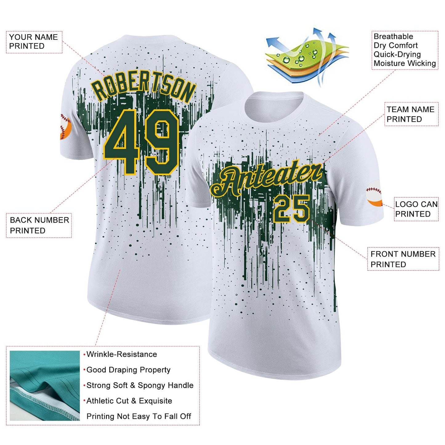 Custom White Green-Yellow Dripping Splatter Paint Performance T-Shirt view 2
