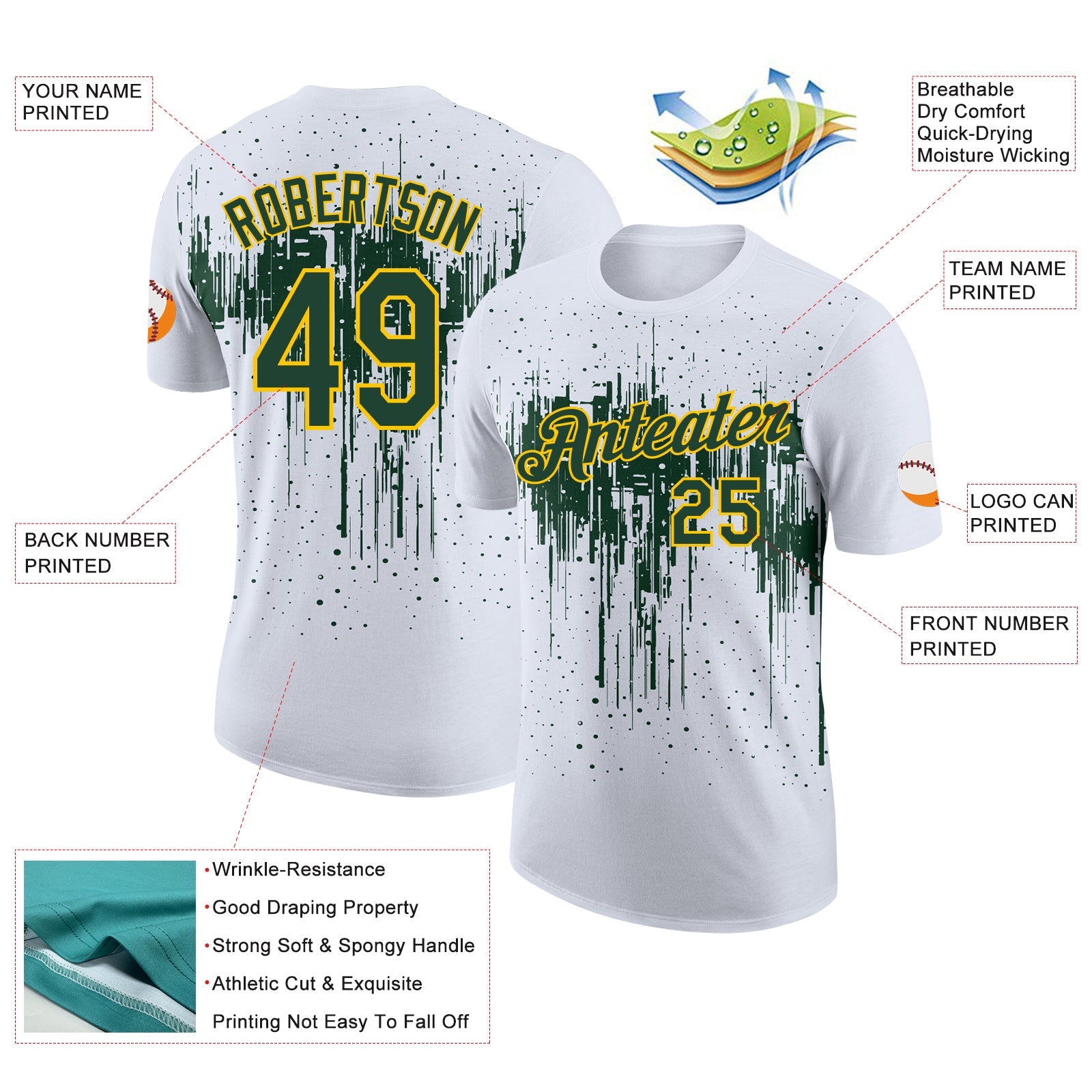 Custom White Green-Yellow Dripping Splatter Paint Performance T-Shirt view 2