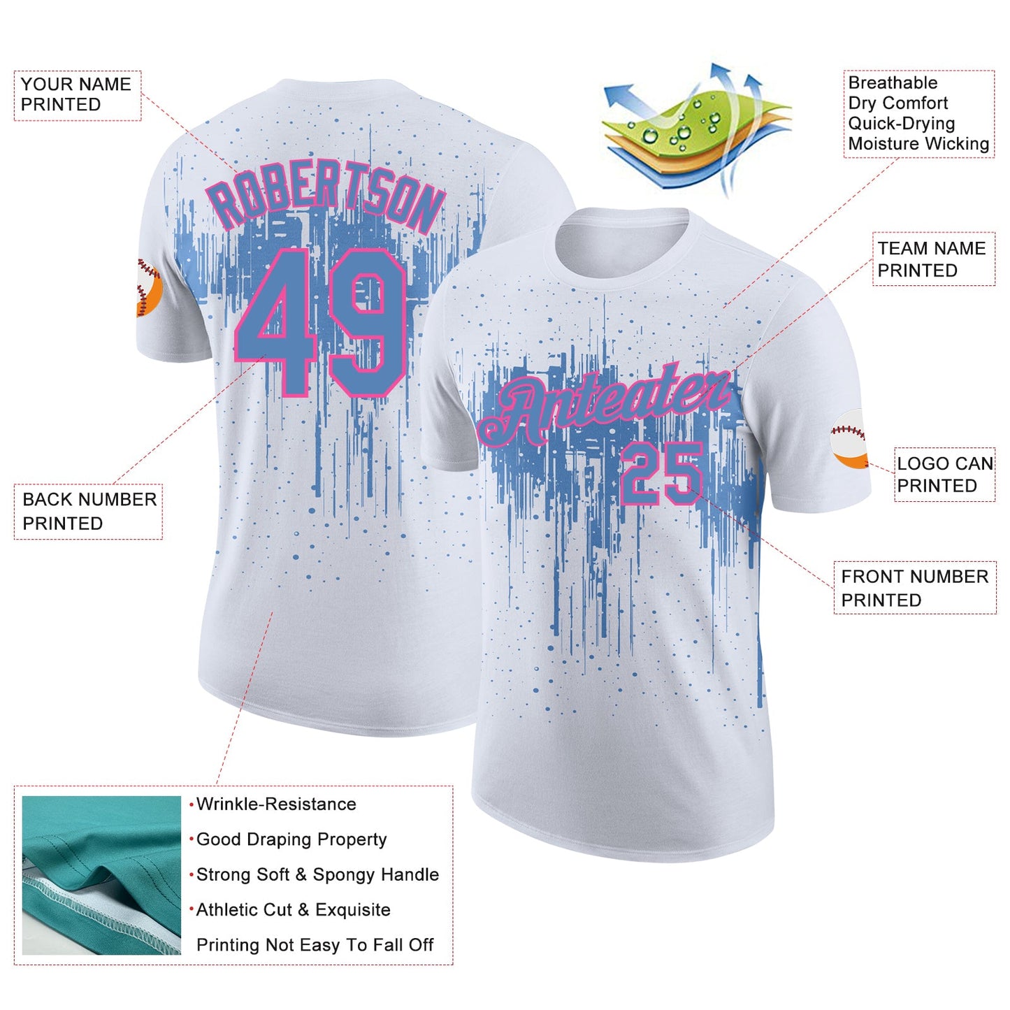 Custom White Light Blue-Pink Dripping Splatter Paint Performance T-Shirt view 2