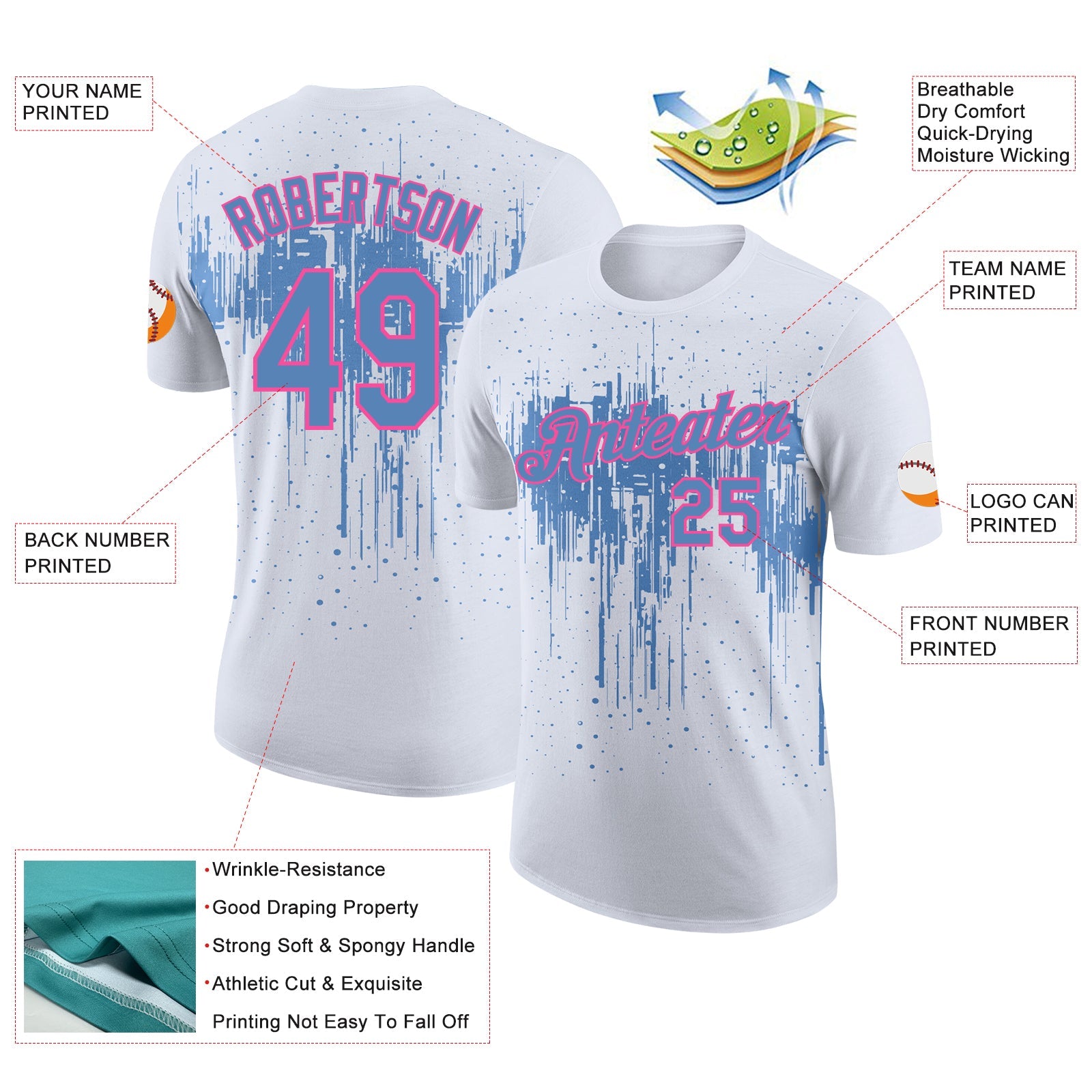 Custom White Light Blue-Pink Dripping Splatter Paint Performance T-Shirt view 2