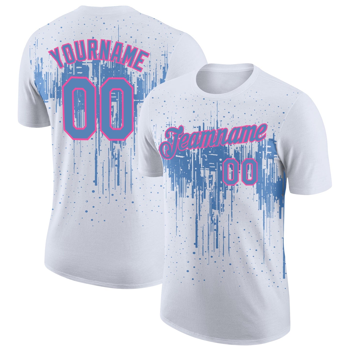 Custom White Light Blue-Pink Dripping Splatter Paint Performance T-Shirt - Main View