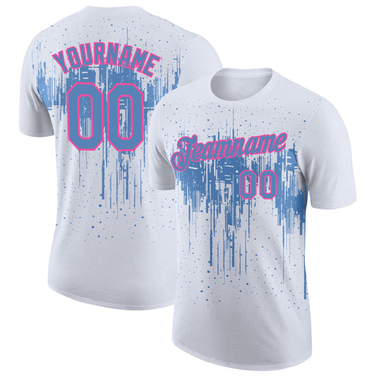 Custom White Light Blue-Pink Dripping Splatter Paint Performance T-Shirt - Main View