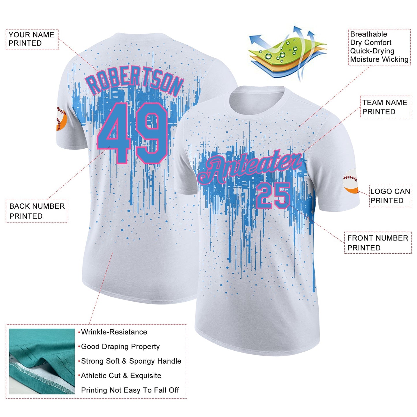 Custom White Powder Blue-Pink Dripping Splatter Paint Performance T-Shirt view 2