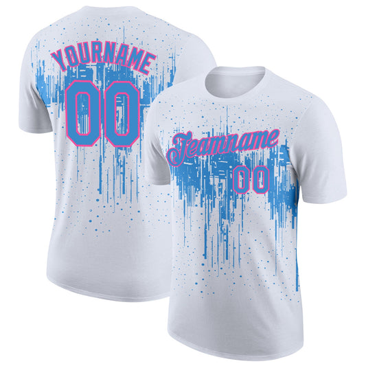 Custom White Powder Blue-Pink Dripping Splatter Paint Performance T-Shirt - Main View
