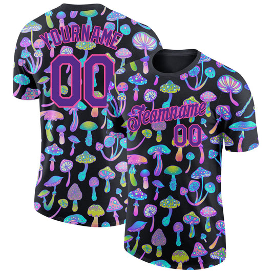 Custom Black Purple-Pink 3D Pattern Design Magic Mushrooms Psychedelic Hallucination Performance T-Shirt - Main View