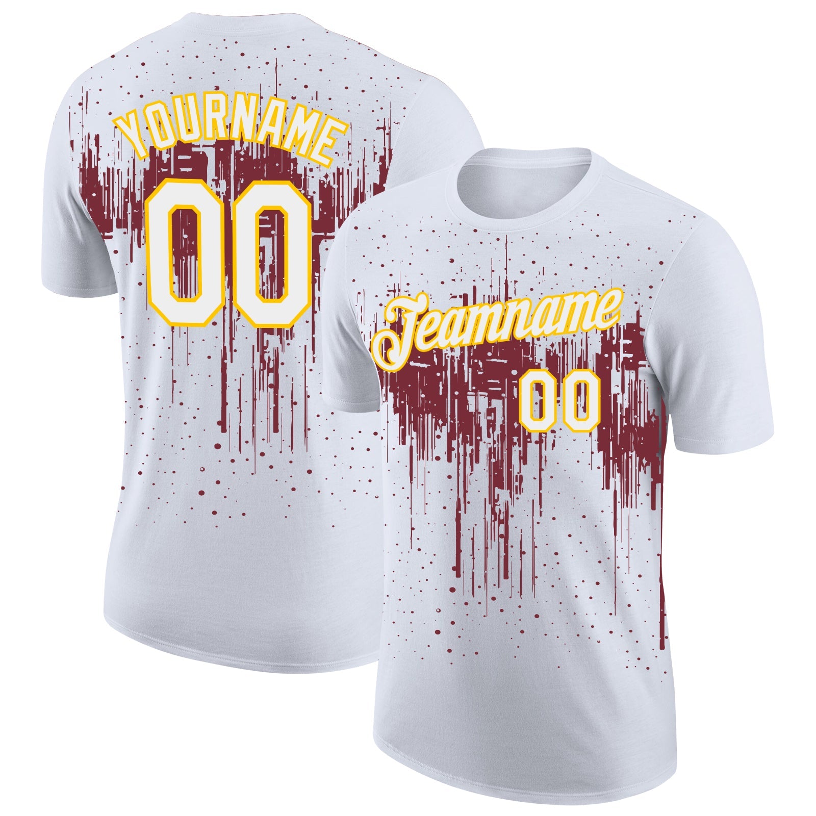 Custom White Burgundy-Yellow Dripping Splatter Paint Performance T-Shirt - Main View