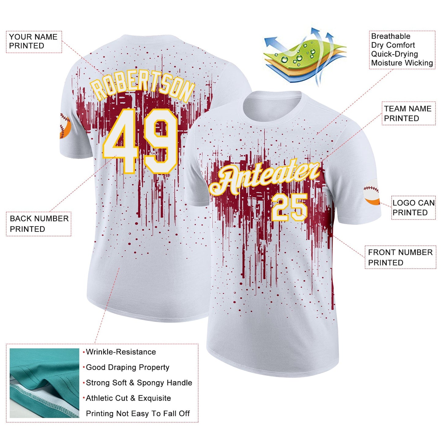 Custom White Crimson-Yellow Dripping Splatter Paint Performance T-Shirt view 2