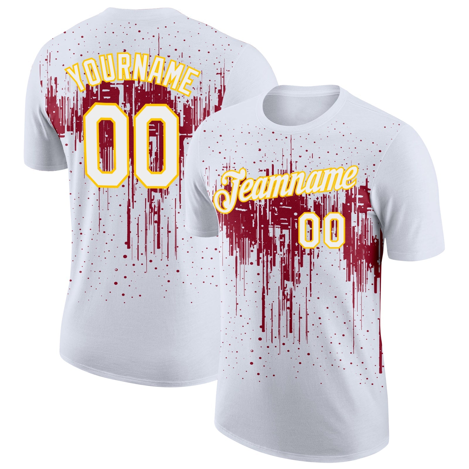 Custom White Crimson-Yellow Dripping Splatter Paint Performance T-Shirt - Main View
