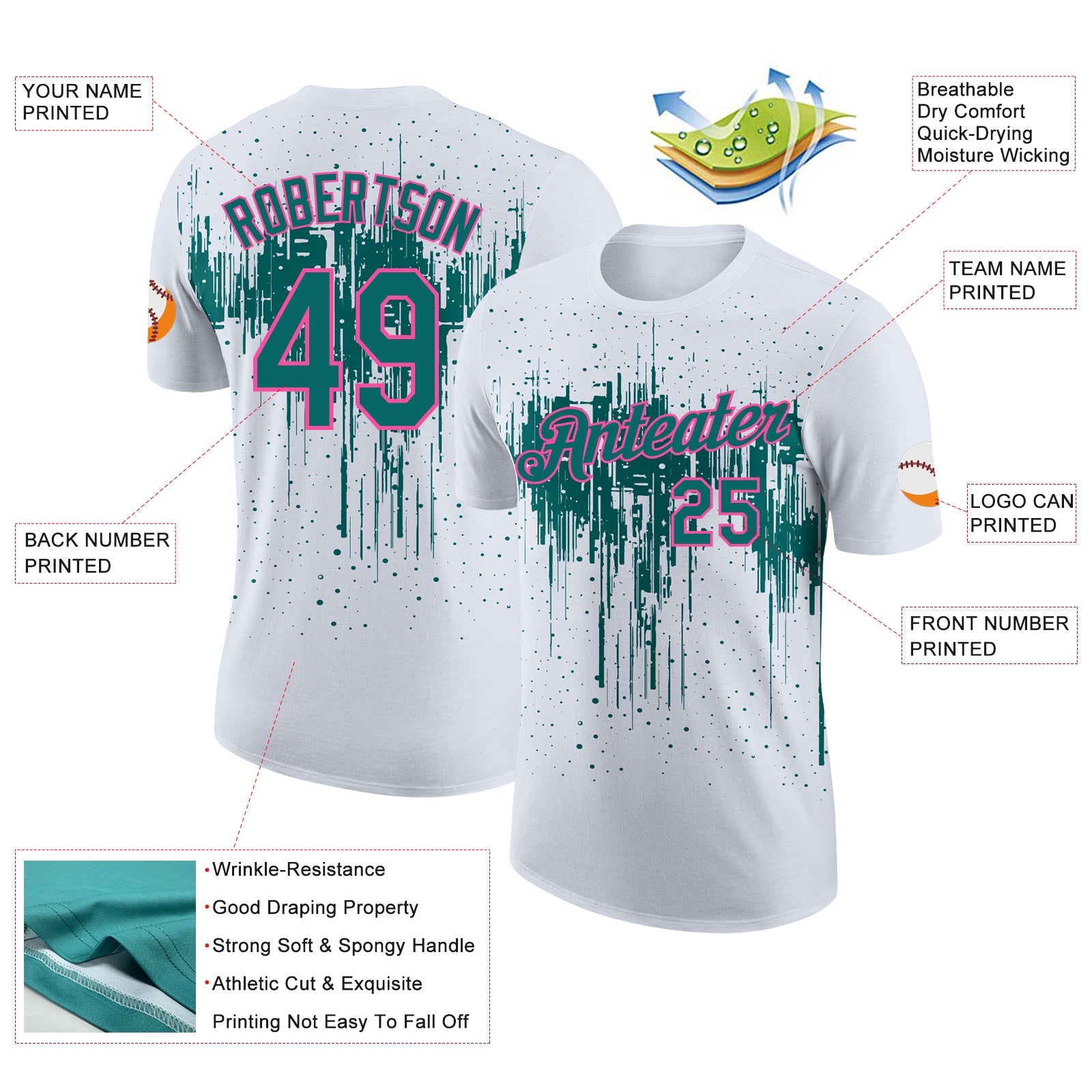 Custom White Teal-Pink Dripping Splatter Paint Performance T-Shirt view 2