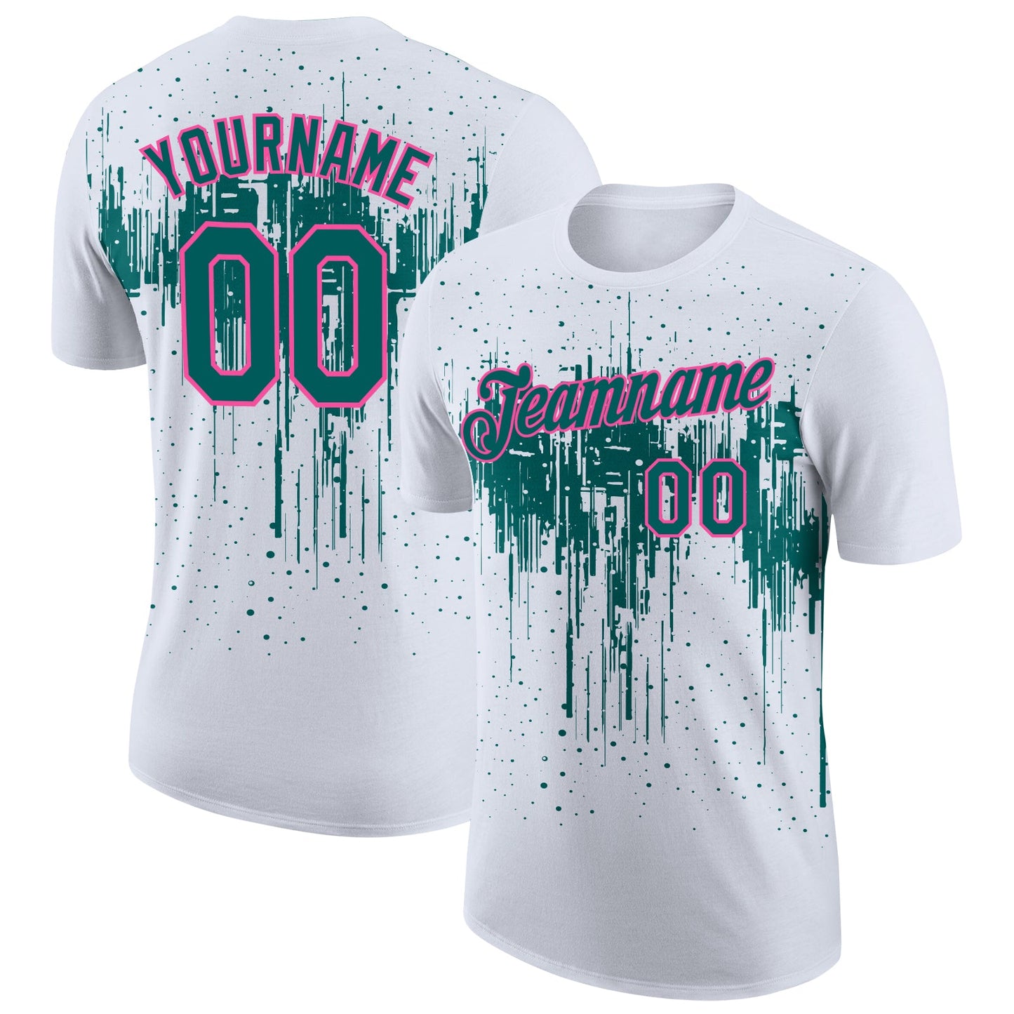 Custom White Teal-Pink Dripping Splatter Paint Performance T-Shirt - Main View