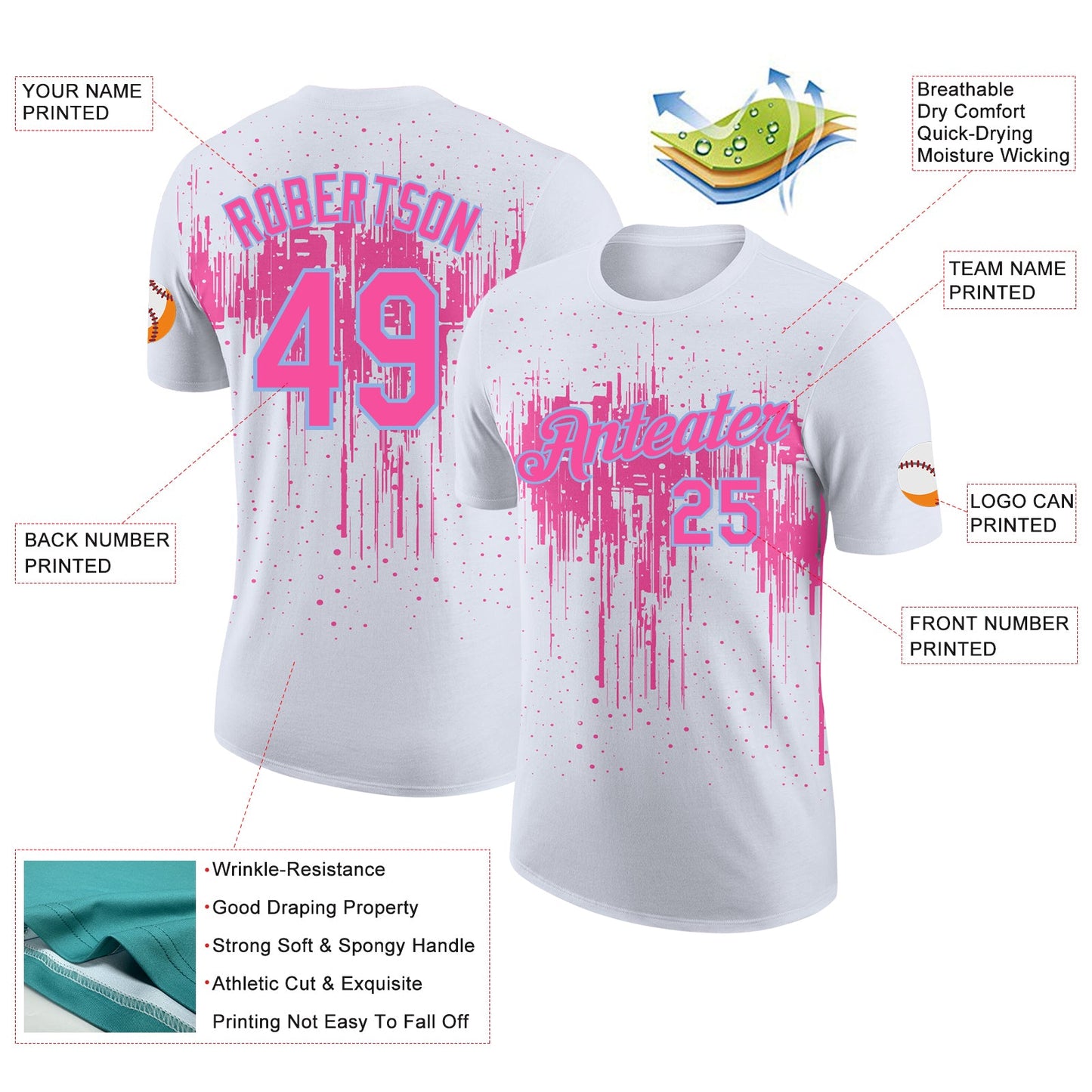 Custom White Pink-Light Blue Dripping Splatter Paint Performance T-Shirt view 2