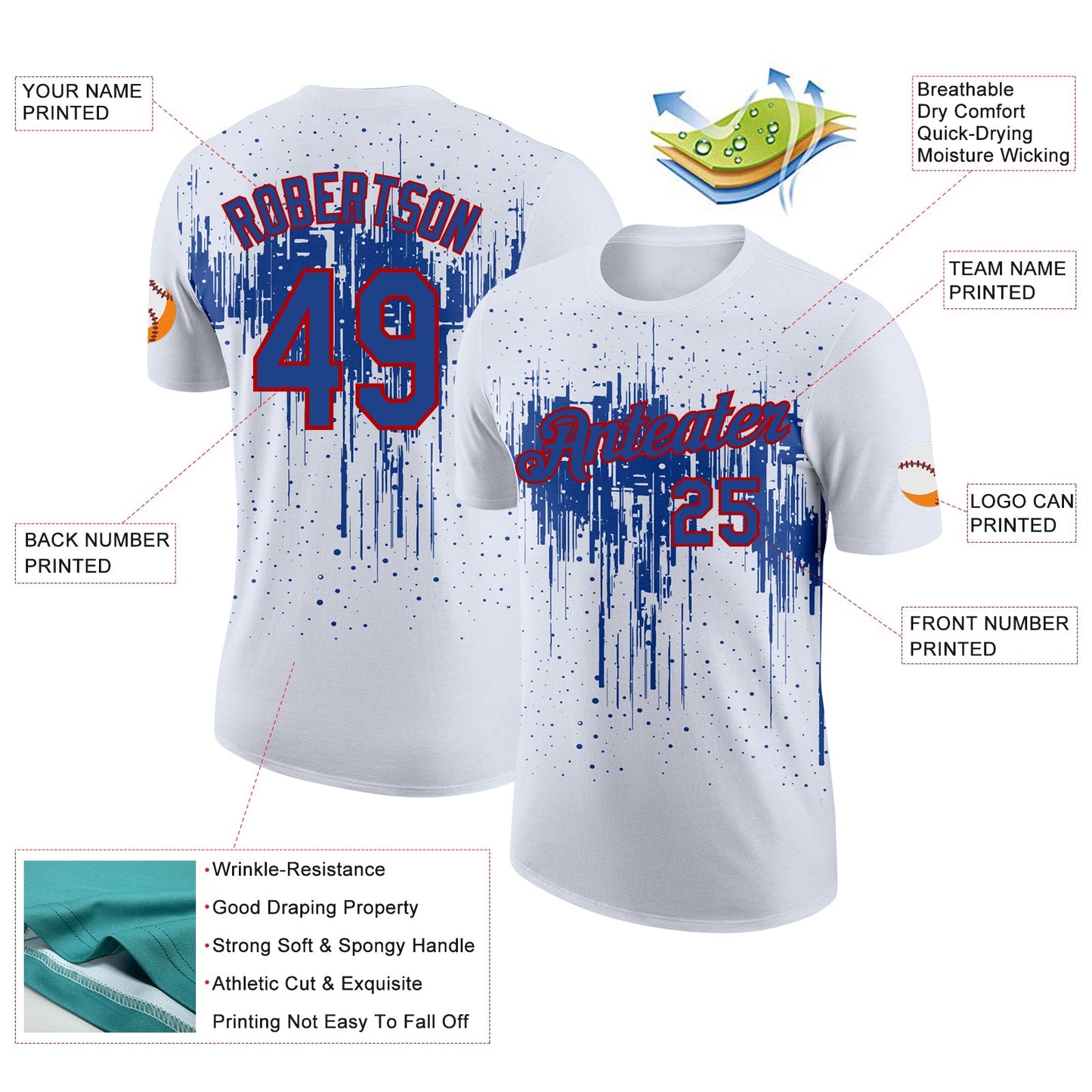 Custom White Royal-Red Dripping Splatter Paint Performance T-Shirt view 2