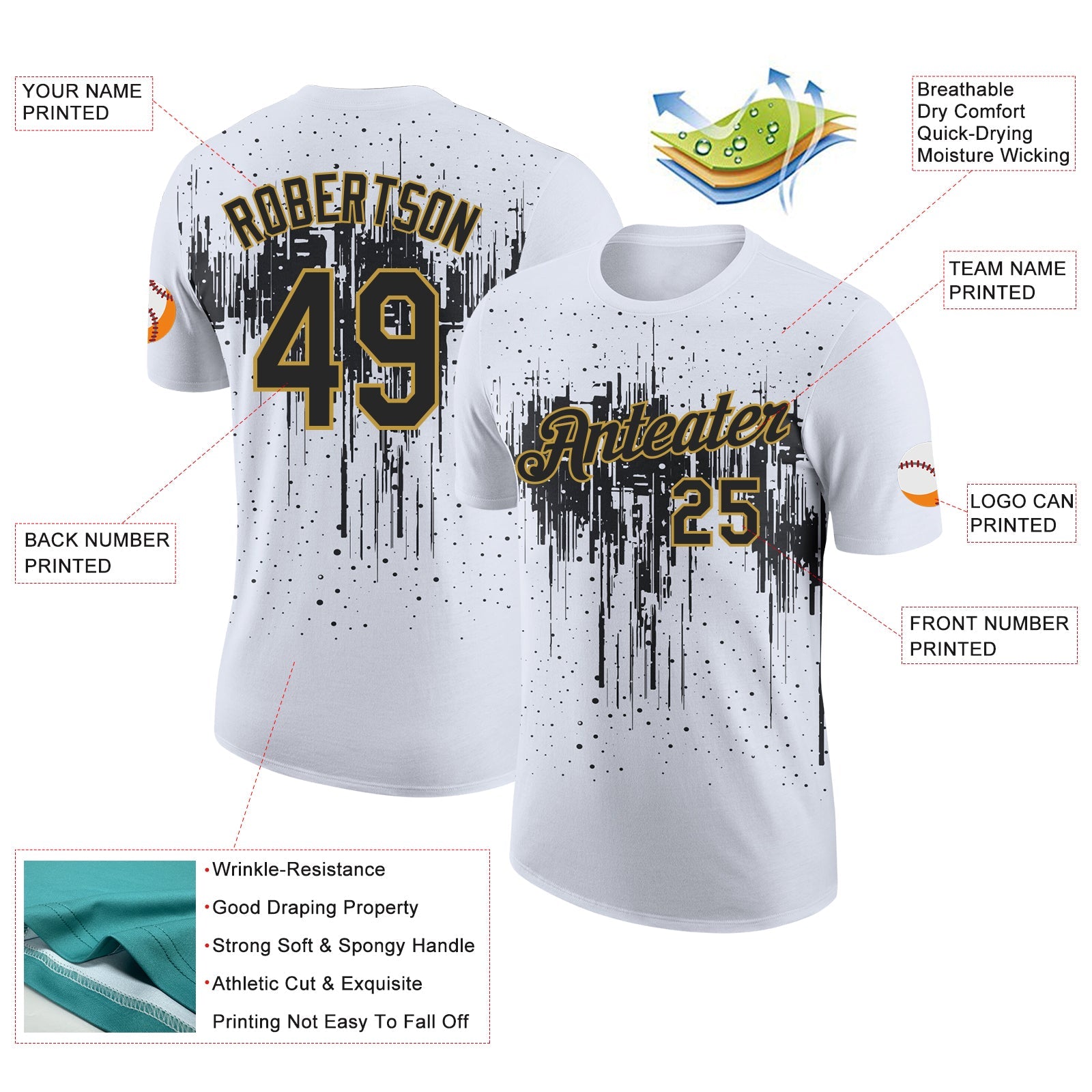 Custom White Black-Old Gold Dripping Splatter Paint Performance T-Shirt view 2