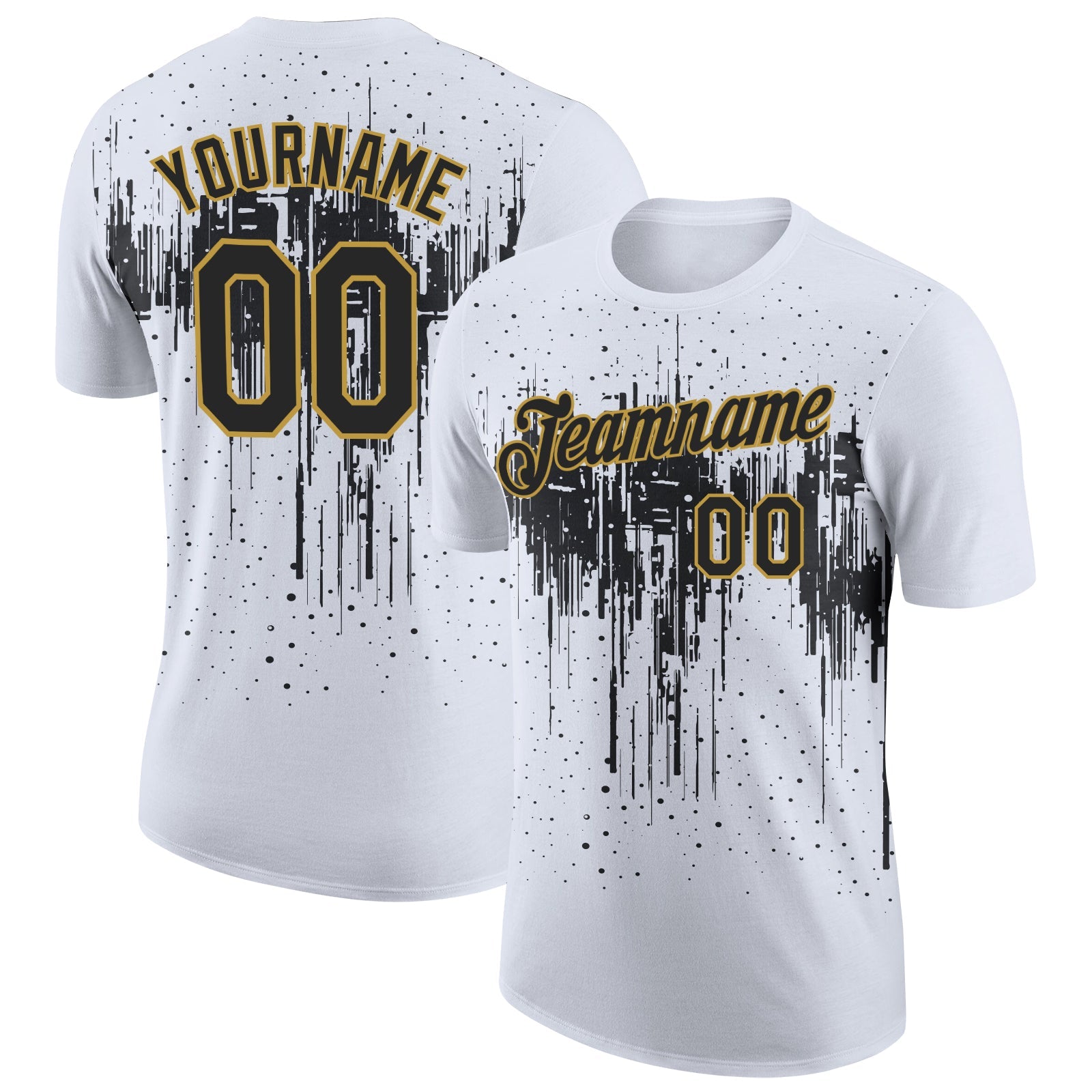 Custom White Black-Old Gold Dripping Splatter Paint Performance T-Shirt - Main View