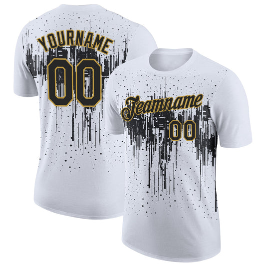 Custom White Black-Old Gold Dripping Splatter Paint Performance T-Shirt - Main View