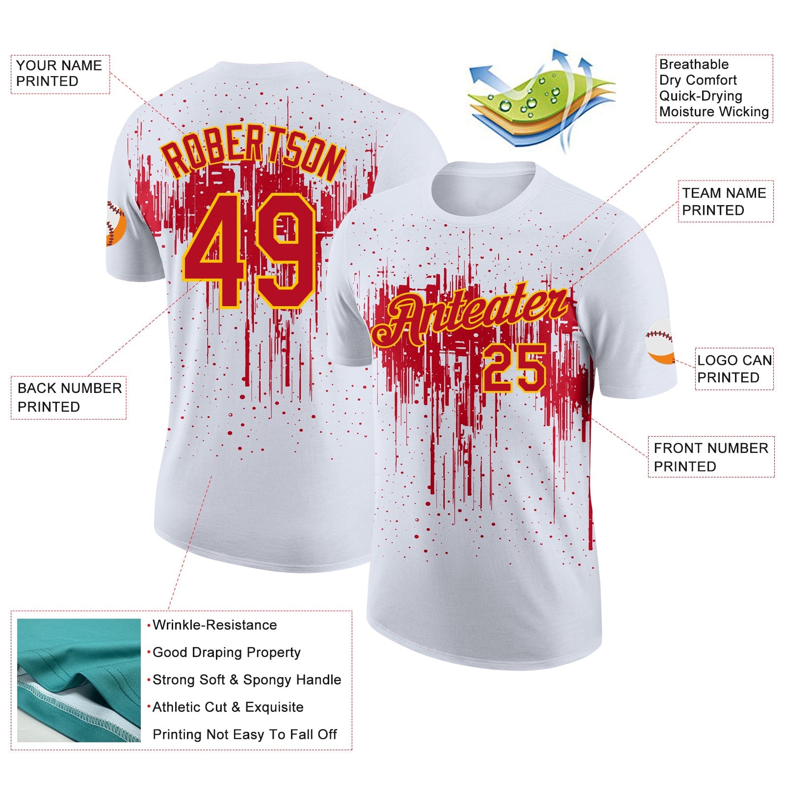 Custom White Red-Yellow Dripping Splatter Paint Performance T-Shirt view 2