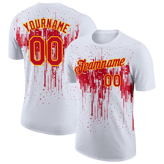Custom White Red-Yellow Dripping Splatter Paint Performance T-Shirt - Main View