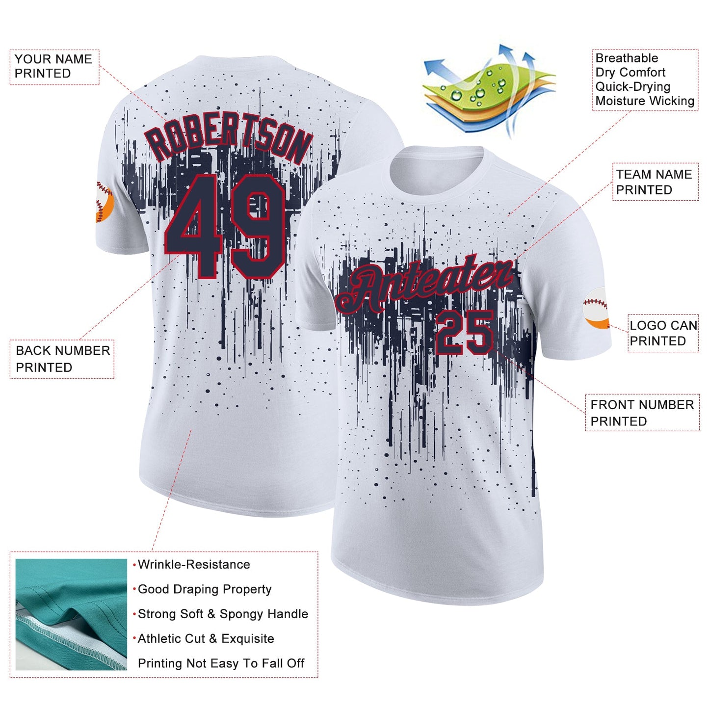 Custom White Navy-Red Dripping Splatter Paint Performance T-Shirt view 2