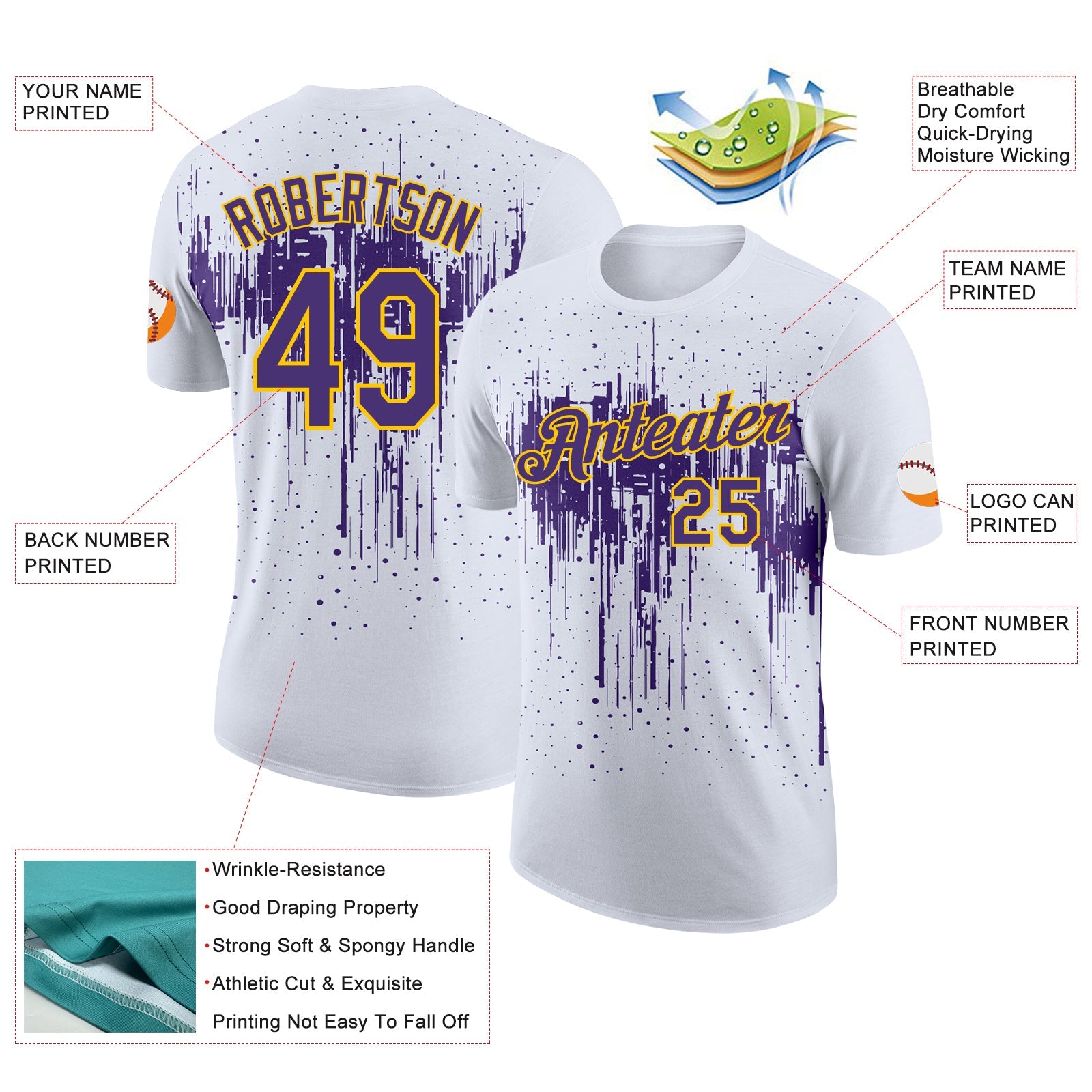 Custom White Purple-Yellow Dripping Splatter Paint Performance T-Shirt view 2