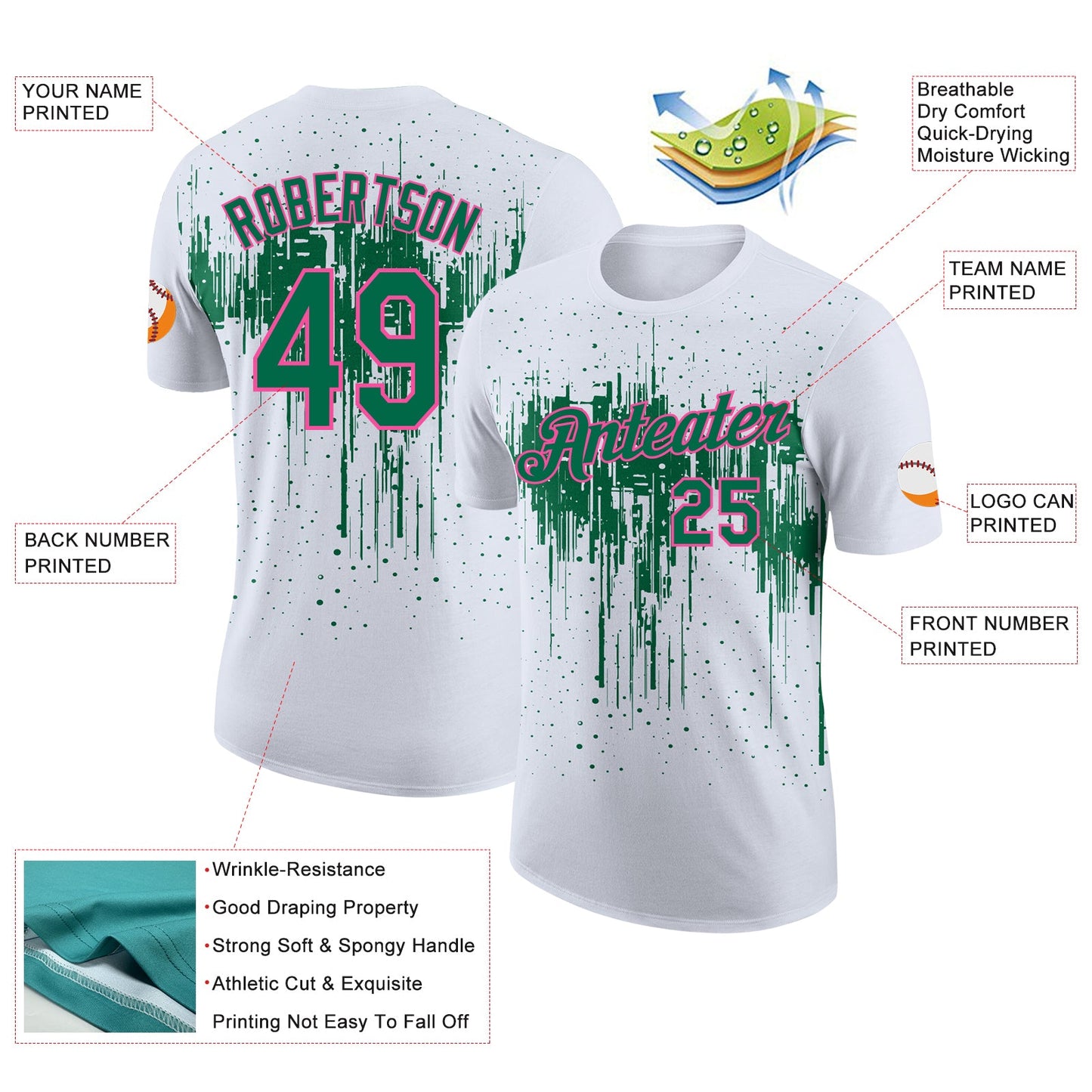 Custom White Kelly Green-Pink Dripping Splatter Paint Performance T-Shirt view 2