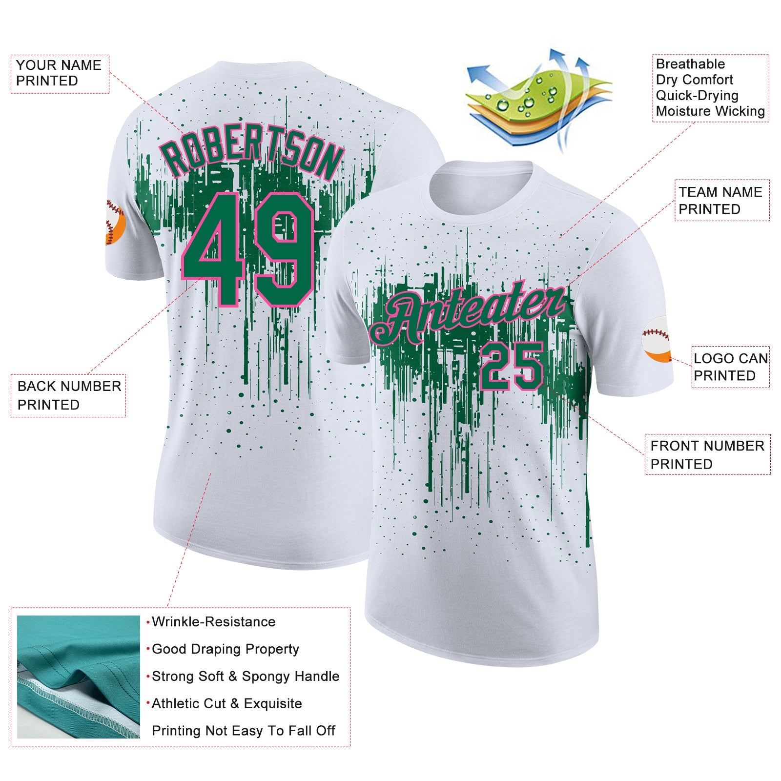 Custom White Kelly Green-Pink Dripping Splatter Paint Performance T-Shirt view 2