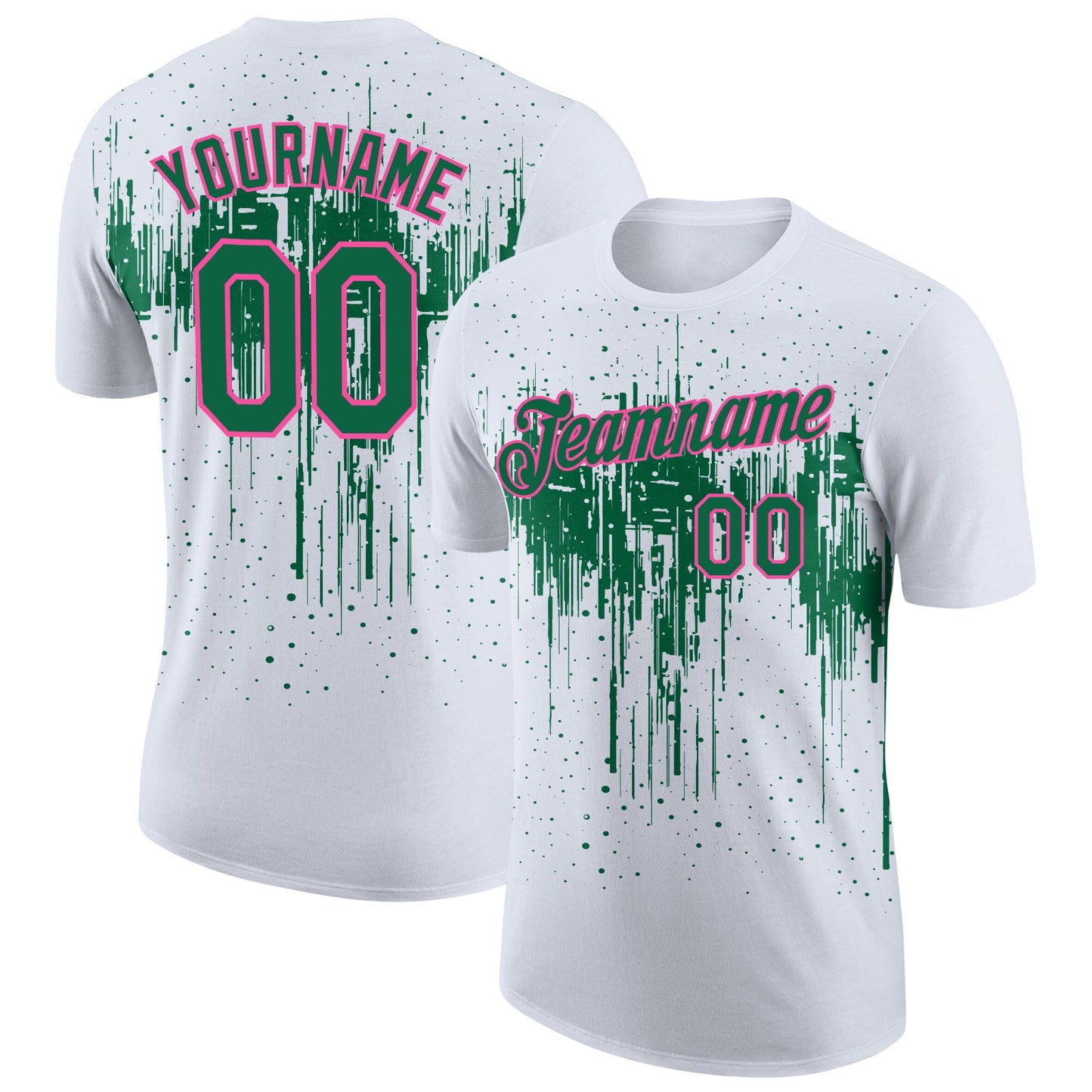 Custom White Kelly Green-Pink Dripping Splatter Paint Performance T-Shirt - Main View