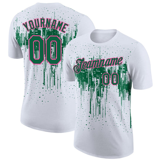 Custom White Kelly Green-Pink Dripping Splatter Paint Performance T-Shirt - Main View