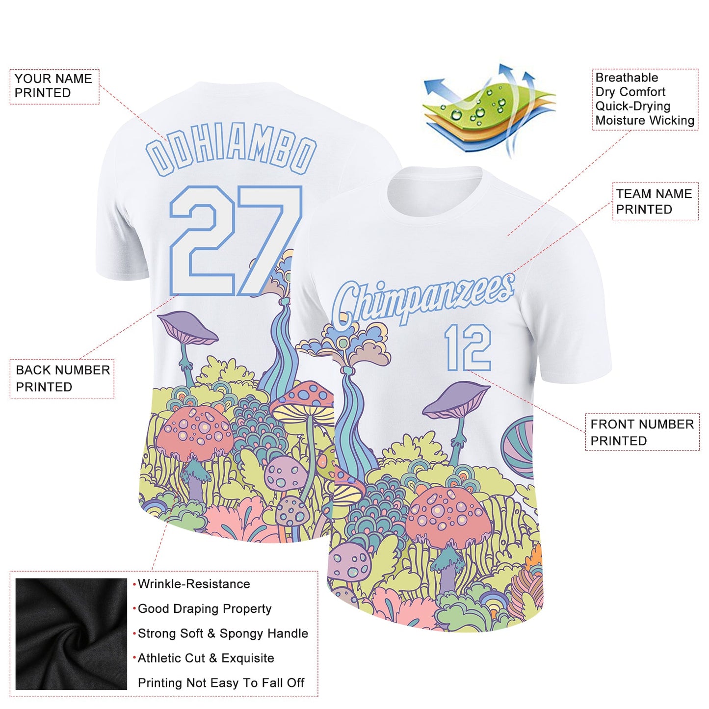 Custom White Light Blue 3D Pattern Design Colorful Flowers And Mushrooms Psychedelic Hallucination Performance T-Shirt view 2