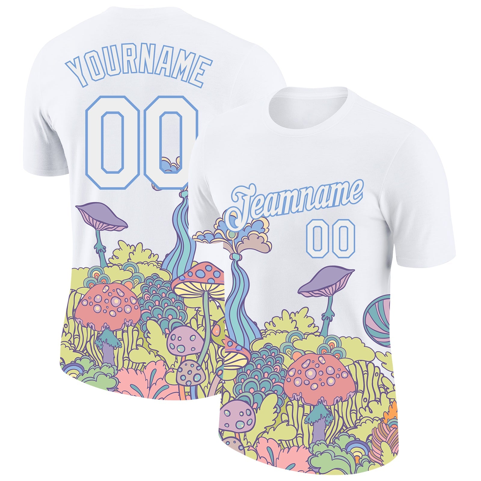 Custom White Light Blue 3D Pattern Design Colorful Flowers And Mushrooms Psychedelic Hallucination Performance T-Shirt - Main View
