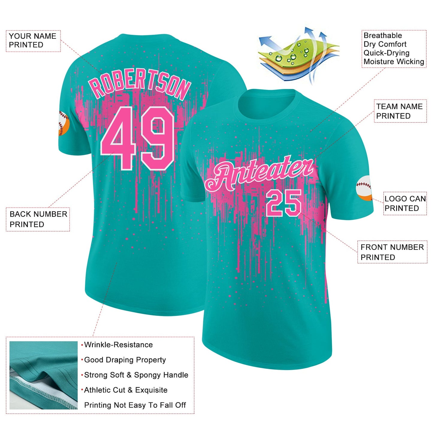 Custom Aqua Pink-White Dripping Splatter Paint Performance T-Shirt view 2