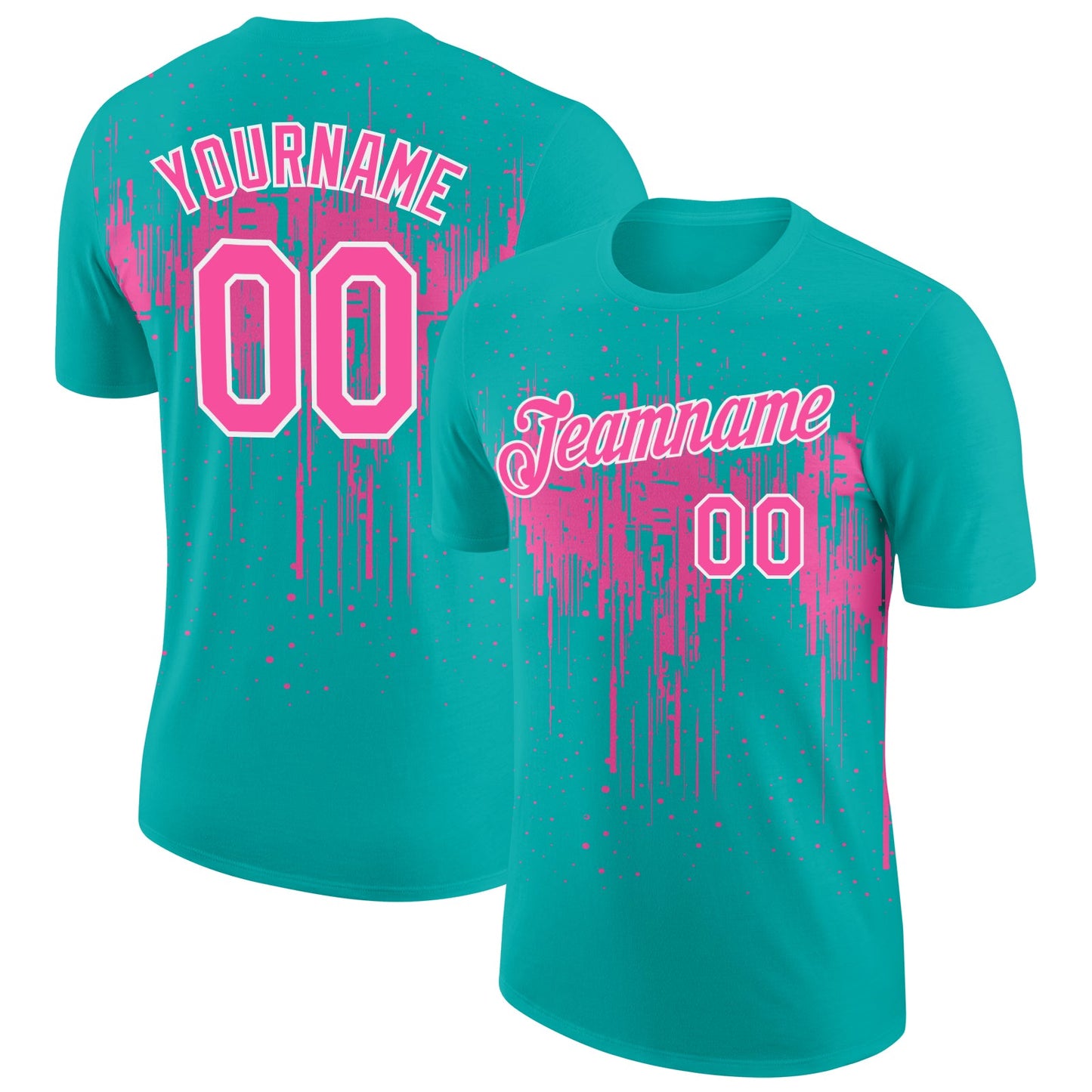 Custom Aqua Pink-White Dripping Splatter Paint Performance T-Shirt - Main View